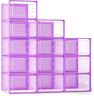 X-Large Shoe Storage Boxes Organizers Clear Plastic Stackable 12 Pack, Shoe Rack & Holder Substitute, Sneaker Containers, Toy Storage Organizer Bins for Entryway, Closet, Under Bed, Purple
