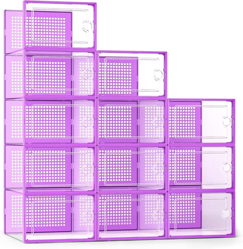 X-Large Shoe Storage Boxes Organizers Clear Plastic Stackable 12 Pack, Shoe Rack & Holder Substitute, Sneaker Containers, Toy Storage Organizer Bins for Entryway, Closet, Under Bed, Purple