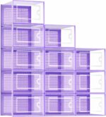 Shoe Organizers Storage Boxes for Closet, 12 Pack Clear Plastic Stackable Storage Bins with Lids, Under Bed Shoe Containers for Entryway, Drop Front, Fit up to Women's Size 10,Purple