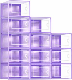 Shoe Organizers Storage Boxes for Closet, 12 Pack Clear Plastic Stackable Storage Bins with Lids, Under Bed Shoe Containers for Entryway, Drop Front, Fit up to Women's Size 10,Purple