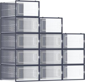 Shoe Boxes, Pack of 12 Shoe Storage Organizers, Stackable Clear Plastic Boxes for Closet, Sneakers, 9.1 x 13.1 x 5.6 Inches, Fit up to US Size 11, Transparent and Charcoal Blue