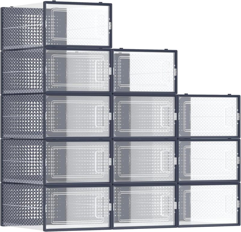 Shoe Boxes, Pack of 12 Shoe Storage Organizers, Stackable Clear Plastic Boxes for Closet, Sneakers, 9.1 x 13.1 x 5.6 Inches, Fit up to US Size 11, Transparent and Charcoal Blue