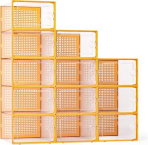X-Large Shoe Storage Boxes Organizers Clear Plastic Stackable 12 Pack, Shoe Rack & Holder Substitute, Sneaker Containers, Toy Storage Organizer Bins for Entryway, Closet, Under Bed, Orange