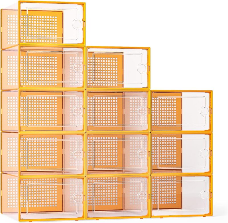 X-Large Shoe Storage Boxes Organizers Clear Plastic Stackable 12 Pack, Shoe Rack & Holder Substitute, Sneaker Containers, Toy Storage Organizer Bins for Entryway, Closet, Under Bed, Orange