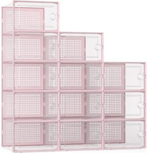 X-Large Shoe Storage Boxes Organizers Clear Plastic Stackable 12 Pack, Shoe Rack & Holder Substitute, Sneaker Containers, Toy Storage Organizer Bins for Entryway, Closet, Under Bed, Pink