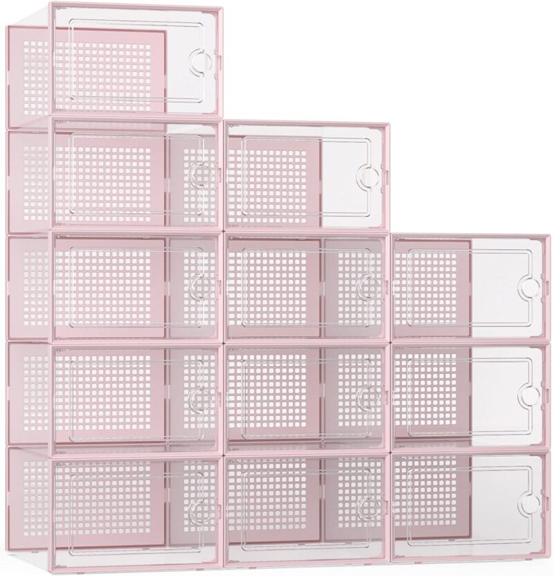X-Large Shoe Storage Boxes Organizers Clear Plastic Stackable 12 Pack, Shoe Rack & Holder Substitute, Sneaker Containers, Toy Storage Organizer Bins for Entryway, Closet, Under Bed, Pink