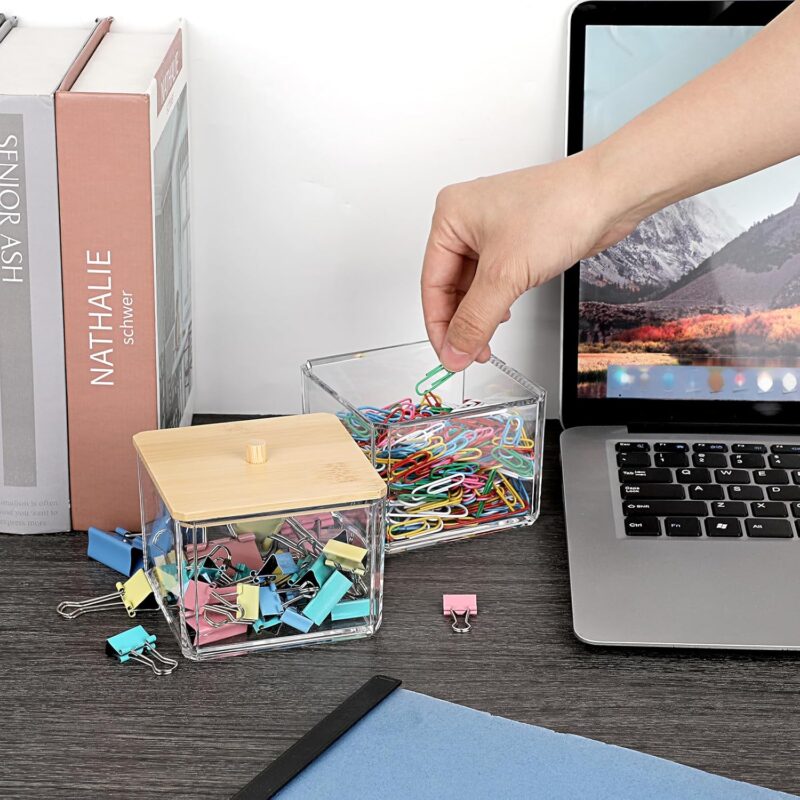 Clear Stackable Paper Clip Holder with Bamboo Lid 2-Layer Paperclip Box Thick Acrylic Office Supply Accessory Organizer Square Small Storage Holder Cute Qtip Holder for Office Bathroom Vanity - Image 2
