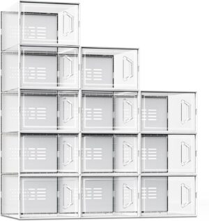 X-Large Shoe Storage Box Fit Size 11, Clear Plastic Stackable Shoe Organizer for Closet, Space Saving Sneaker Shoe Rack Containers Bins Holders for Entryway, Under Bed, 12 Pack Clear