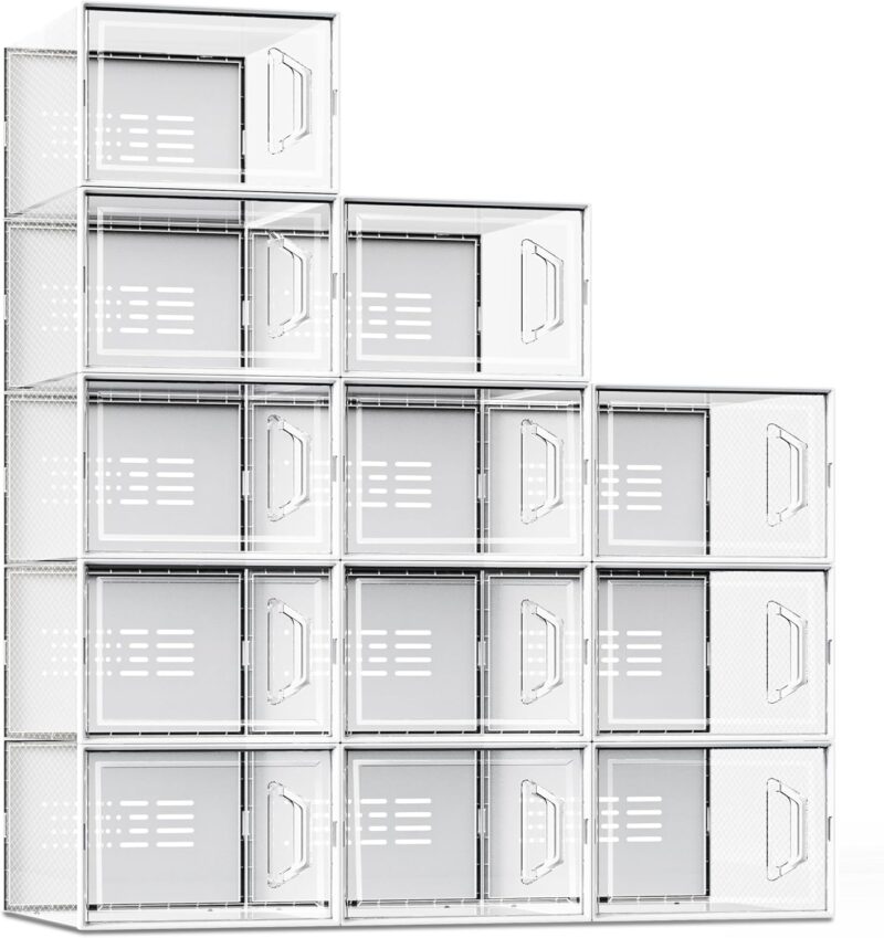 X-Large Shoe Storage Box Fit Size 11, Clear Plastic Stackable Shoe Organizer for Closet, Space Saving Sneaker Shoe Rack Containers Bins Holders for Entryway, Under Bed, 12 Pack Clear