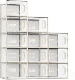 X-Large Shoe Storage Box Fit Size 11, Clear Plastic Stackable Shoe Organizer for Closet, Space Saving Sneaker Shoe Rack Containers Bins Holders for Entryway, Under Bed, 12 Pack Creamy Beige