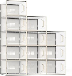 X-Large Shoe Storage Box Fit Size 11, Clear Plastic Stackable Shoe Organizer for Closet, Space Saving Sneaker Shoe Rack Containers Bins Holders for Entryway, Under Bed, 12 Pack Creamy Beige