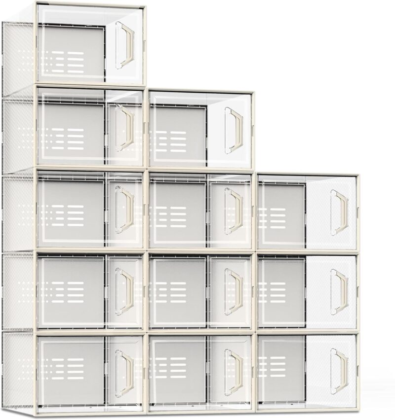 X-Large Shoe Storage Box Fit Size 11, Clear Plastic Stackable Shoe Organizer for Closet, Space Saving Sneaker Shoe Rack Containers Bins Holders for Entryway, Under Bed, 12 Pack Creamy Beige