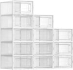 Shoe Boxes, Pack of 12 Shoe Storage Organizers, Stackable Clear Plastic Boxes for Closet, Sneakers, 9.1 x 13.1 x 5.6 Inches, Fit up to US Size 11, Transparent and White