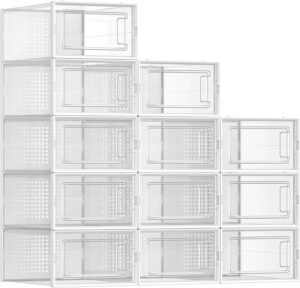 Shoe Boxes, Pack of 12 Shoe Storage Organizers, Stackable Clear Plastic Boxes for Closet, Sneakers, 9.1 x 13.1 x 5.6 Inches, Fit up to US Size 11, Transparent and White