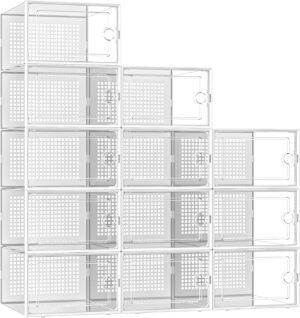 X-Large Shoe Storage Boxes Organizers Clear Plastic Stackable 12 Pack, Shoe Rack & Holder Substitute, Sneaker Containers, Toy Storage Organizer Bins for Entryway, Closet, Under Bed, White