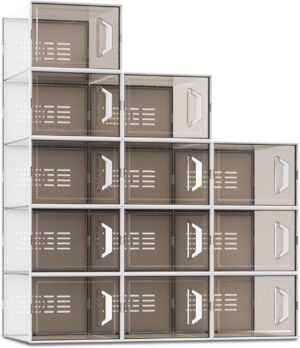 X-Large Shoe Storage Box Fit Size 11, Clear Plastic Stackable Shoe Organizer for Closet, Space Saving Sneaker Shoe Rack Containers Bins Holders for Entryway, Under Bed, 12 Pack Urban Grey