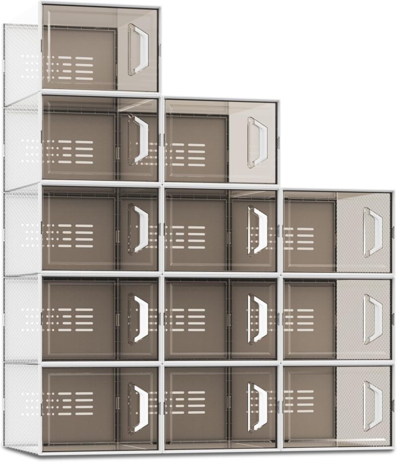 X-Large Shoe Storage Box Fit Size 11, Clear Plastic Stackable Shoe Organizer for Closet, Space Saving Sneaker Shoe Rack Containers Bins Holders for Entryway, Under Bed, 12 Pack Urban Grey