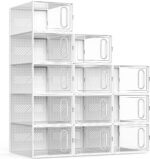 X-Large Shoe Storage Boxes, 12 Pack Shoe Organizers with Magnetic Door, Four Way Connection Shoe Containers, Clear Plastic Stackable Sneaker Bin for Closet, White,Christmas Gift