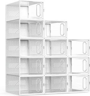 X-Large Shoe Storage Boxes, 12 Pack Shoe Organizers with Magnetic Door, Four Way Connection Shoe Containers, Clear Plastic Stackable Sneaker Bin for Closet, White,Christmas Gift