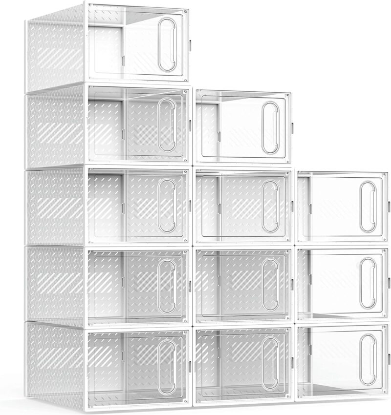 X-Large Shoe Storage Boxes, 12 Pack Shoe Organizers with Magnetic Door, Four Way Connection Shoe Containers, Clear Plastic Stackable Sneaker Bin for Closet, White,Christmas Gift