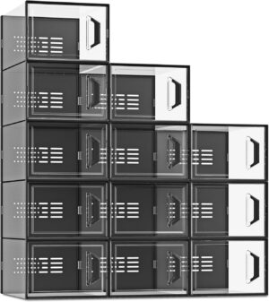 X-Large Shoe Storage Box Fit Size 11, Clear Plastic Stackable Shoe Organizer for Closet, Space Saving Sneaker Shoe Rack Containers Bins Holders for Entryway, Under Bed, 12 Pack Black