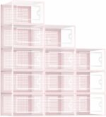 Shoe Organizers Storage Boxes for Closet, 12 Pack Clear Plastic Stackable Storage Bins with Lids, Under Bed Shoe Containers for Entryway, Drop Front, Fit up to Women's Size 10,Pink