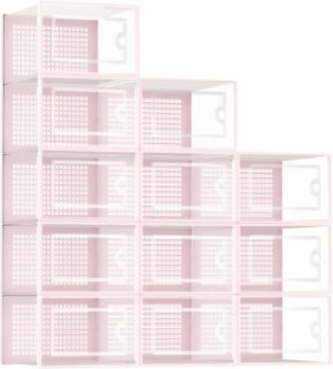 Shoe Organizers Storage Boxes for Closet, 12 Pack Clear Plastic Stackable Storage Bins with Lids, Under Bed Shoe Containers for Entryway, Drop Front, Fit up to Women's Size 10,Pink