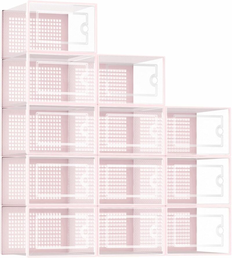 Shoe Organizers Storage Boxes for Closet, 12 Pack Clear Plastic Stackable Storage Bins with Lids, Under Bed Shoe Containers for Entryway, Drop Front, Fit up to Women's Size 10,Pink