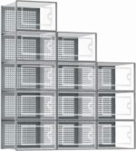 Shoe Organizers Storage Boxes for Closet, 12 Pack Clear Plastic Stackable Storage Bins with Lids, Under Bed Shoe Containers for Entryway, Drop Front, Fit up to Women's Size 10,Grey