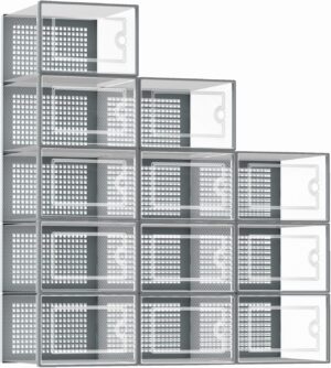 Shoe Organizers Storage Boxes for Closet, 12 Pack Clear Plastic Stackable Storage Bins with Lids, Under Bed Shoe Containers for Entryway, Drop Front, Fit up to Women's Size 10,Grey