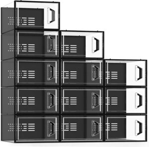 Large 12 Pack Shoe Storage Box, Shoe Organizer for Closet, Clear Plastic Stackable Shoe Boxes, Space Saving Foldable Sneaker Shoe Rack Containers Bin Holder (Black)