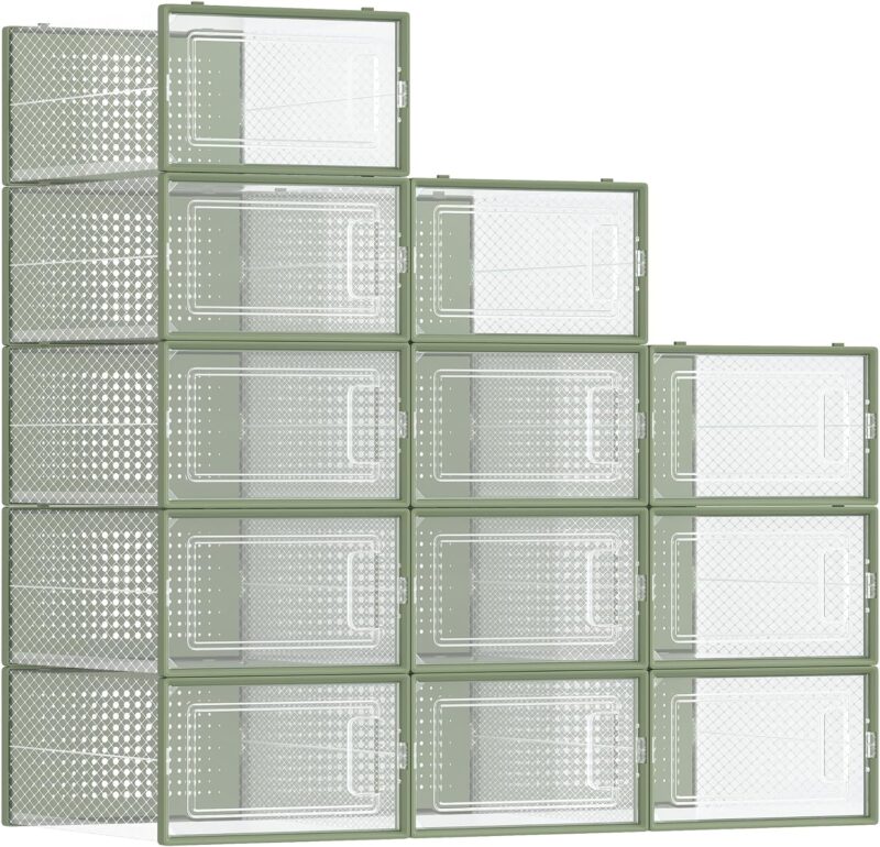 Shoe Boxes, Pack of 12 Shoe Storage Organizers, Stackable Clear Plastic Boxes for Closet, Sneakers, 9.1 x 13.1 x 5.6 Inches, Fit up to US Size 11, Transparent and Laurel Green