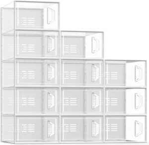 Large 12 Pack Shoe Storage Box, Shoe Organizer for Closet, Clear Plastic Stackable Shoe Boxes, Space Saving Foldable Sneaker Shoe Rack Containers Bin Holder (Clear)