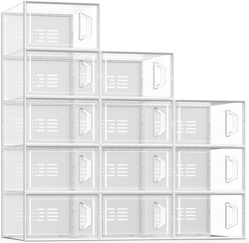 Large 12 Pack Shoe Storage Box, Shoe Organizer for Closet, Clear Plastic Stackable Shoe Boxes, Space Saving Foldable Sneaker Shoe Rack Containers Bin Holder (Clear)